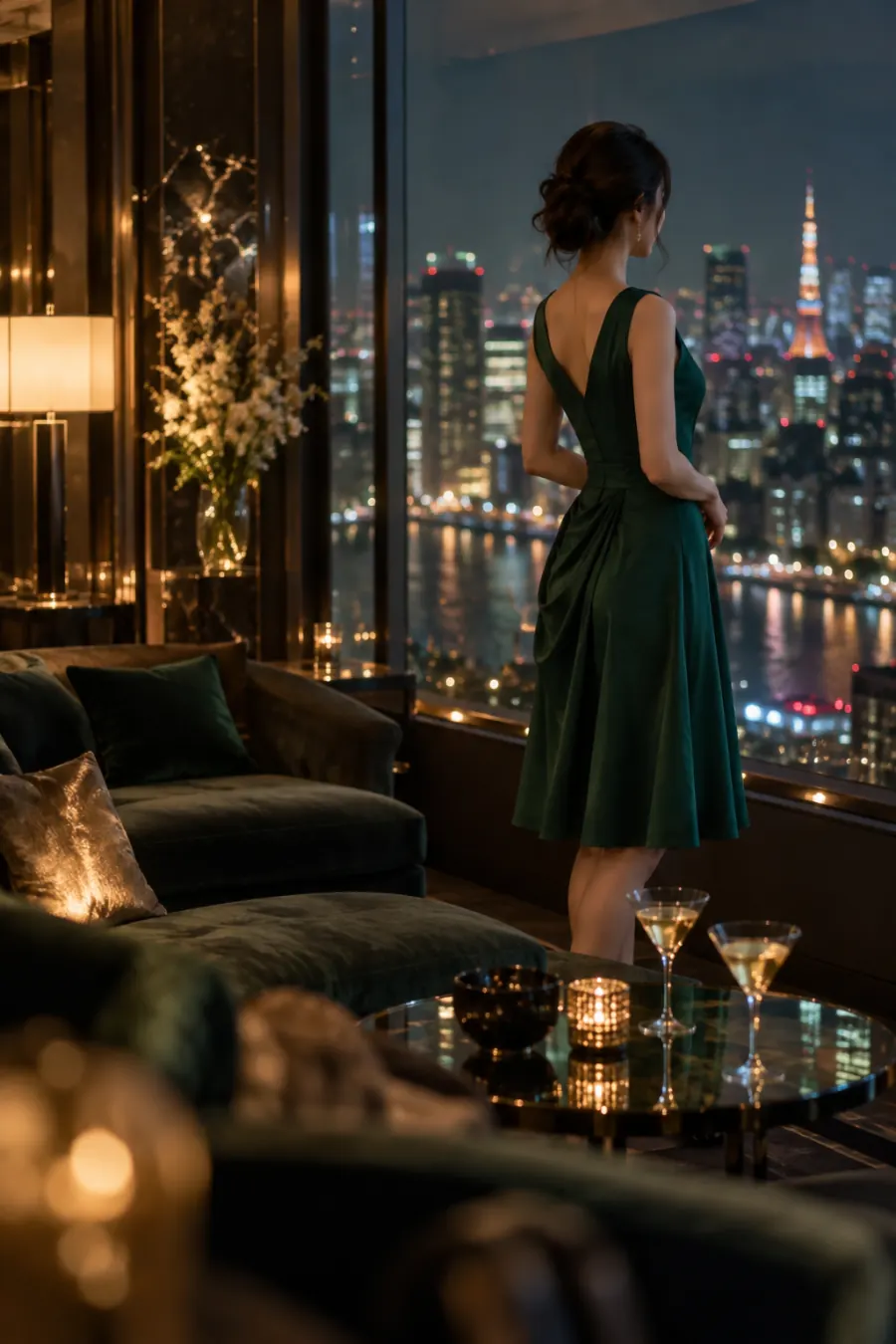 夜景の見えるラウンジに立つドレス姿の女性